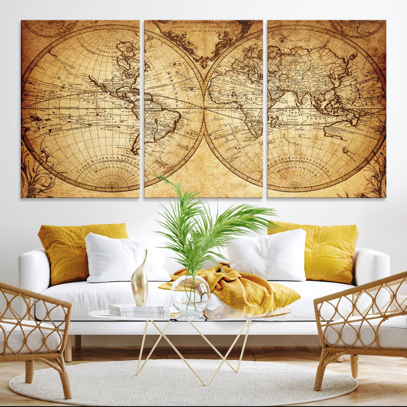 91276-MGV-CV-36X24-Vintage World Map Wall Art | 3-Panel Canvas Print for Living Room, Office, or Study | Giclee Canvas with Antique Design