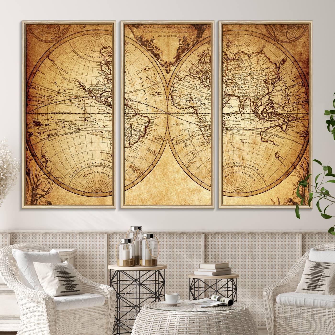 91276-MGV-CV-36X24-Vintage World Map Wall Art | 3-Panel Canvas Print for Living Room, Office, or Study | Giclee Canvas with Antique Design