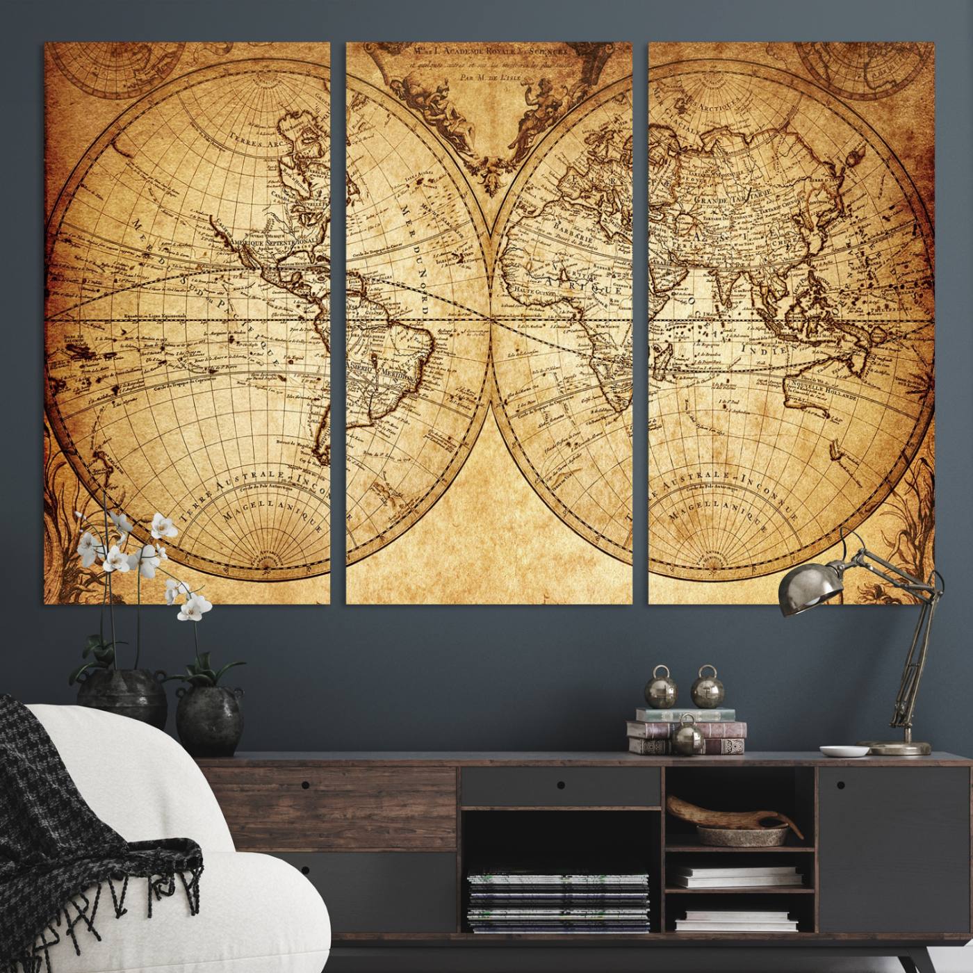 91276-MGV-CV-48X32-3P-Vintage World Map Wall Art | 3-Panel Canvas Print for Living Room, Office, or Study | Giclee Canvas with Antique Design