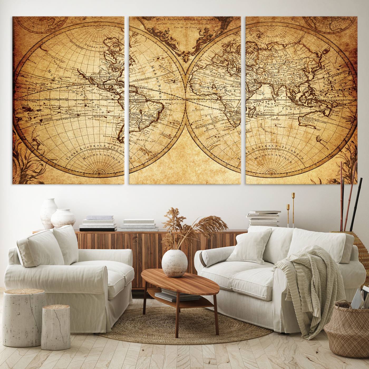 91276-MGV-CV-60X30-3P-Vintage World Map Wall Art | 3-Panel Canvas Print for Living Room, Office, or Study | Giclee Canvas with Antique Design