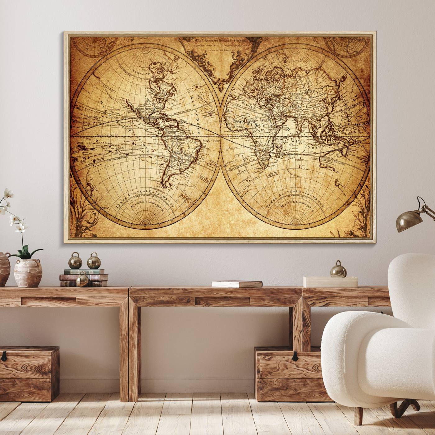 91276-MGV-FC-36X24_Natural-Vintage World Map Wall Art | 3-Panel Canvas Print for Living Room, Office, or Study | Giclee Canvas with Antique Design