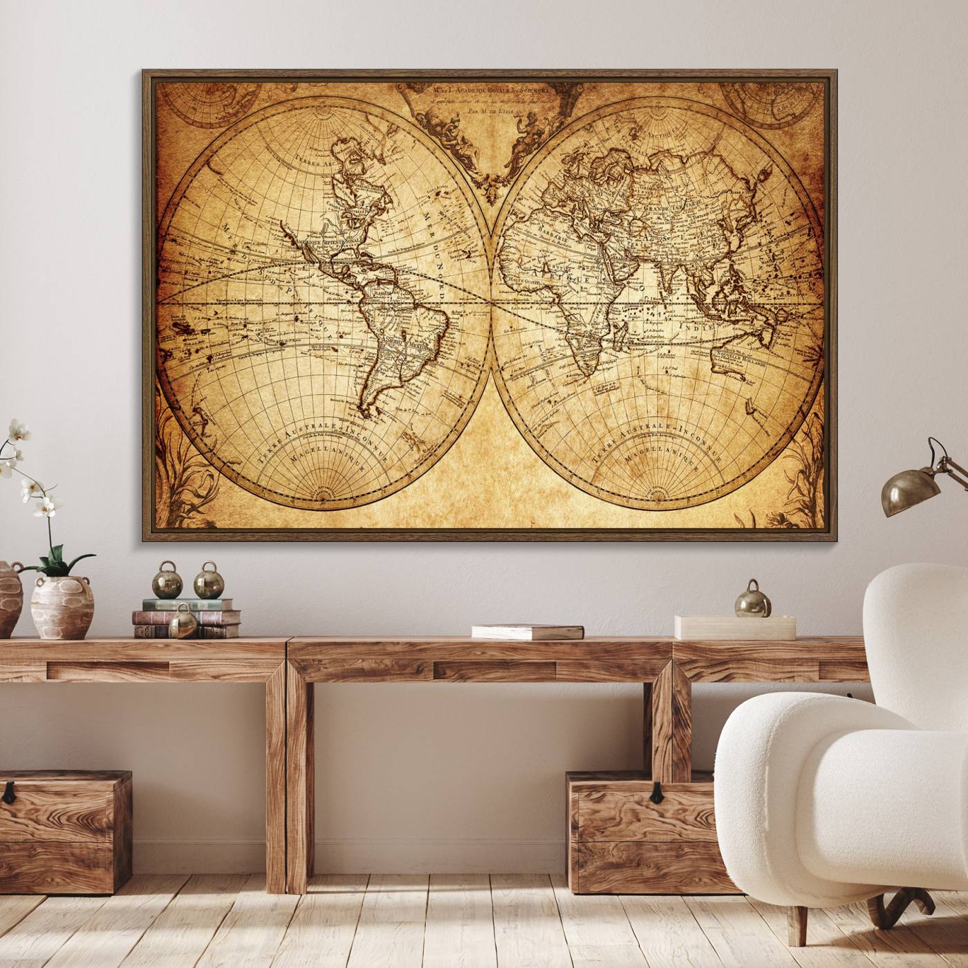 91276-MGV-FC-36X24_Walnut-Vintage World Map Wall Art | 3-Panel Canvas Print for Living Room, Office, or Study | Giclee Canvas with Antique Design
