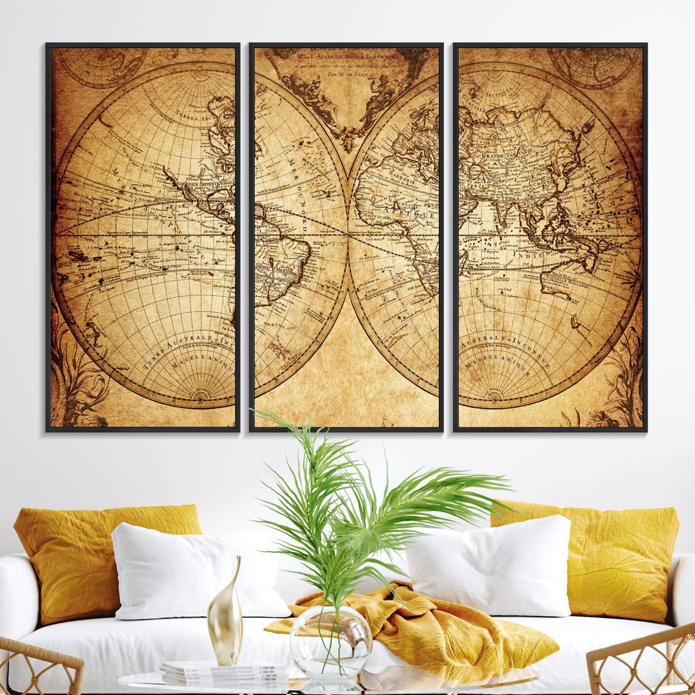 91276-MGV-FC-48X32-3P_Black-Vintage World Map Wall Art | 3-Panel Canvas Print for Living Room, Office, or Study | Giclee Canvas with Antique Design