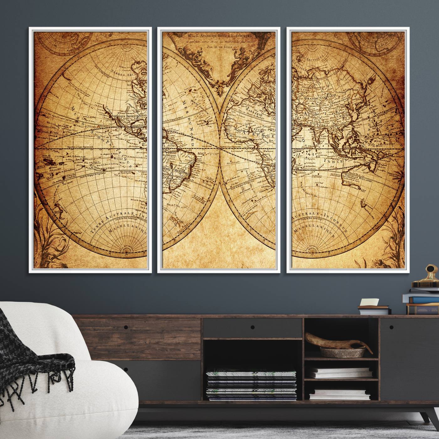 91276-MGV-FC-48X32-3P_White-Vintage World Map Wall Art | 3-Panel Canvas Print for Living Room, Office, or Study | Giclee Canvas with Antique Design