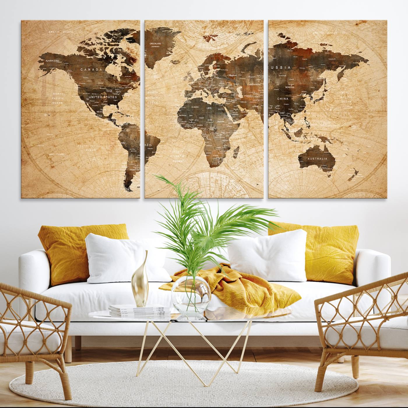 13813-MGV-CV-36X24-Vintage World Map Wall Art | 3 Panel Large Canvas Art | Antique World Map Canvas Print | Rustic Map Wall Art, Framed Gallery Wrapped