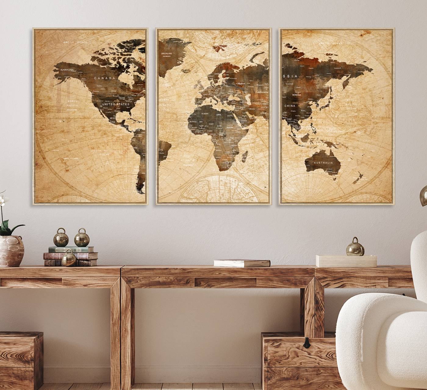 13813-MGV-CV-36X24-Vintage World Map Wall Art | 3 Panel Large Canvas Art | Antique World Map Canvas Print | Rustic Map Wall Art, Framed Gallery Wrapped