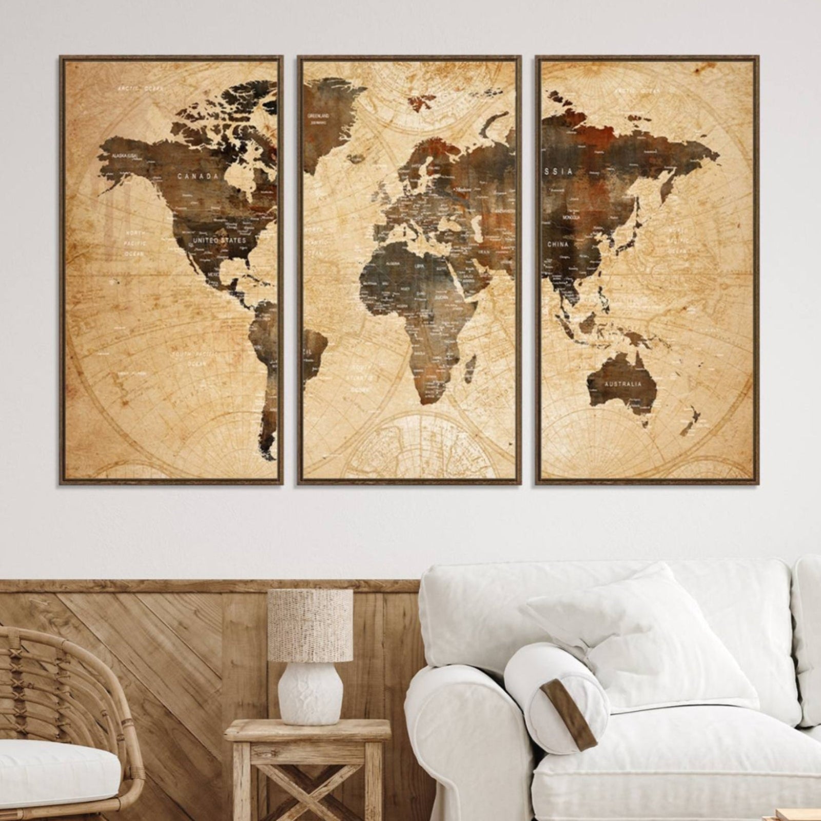 Vintage World Map Wall Art | 3 Panel Large Canvas Art | Antique World Map Canvas Print | Rustic Map Wall Art, Framed Gallery Wrapped