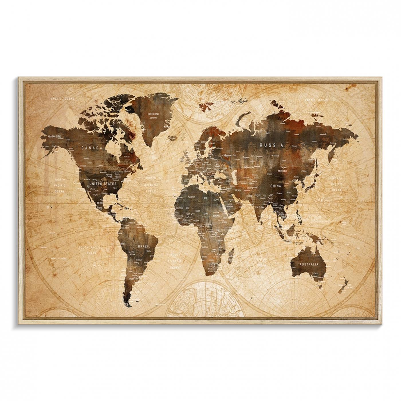 Vintage World Map Wall Art | 3 Panel Large Canvas Art | Antique World Map Canvas Print | Rustic Map Wall Art, Framed Gallery Wrapped