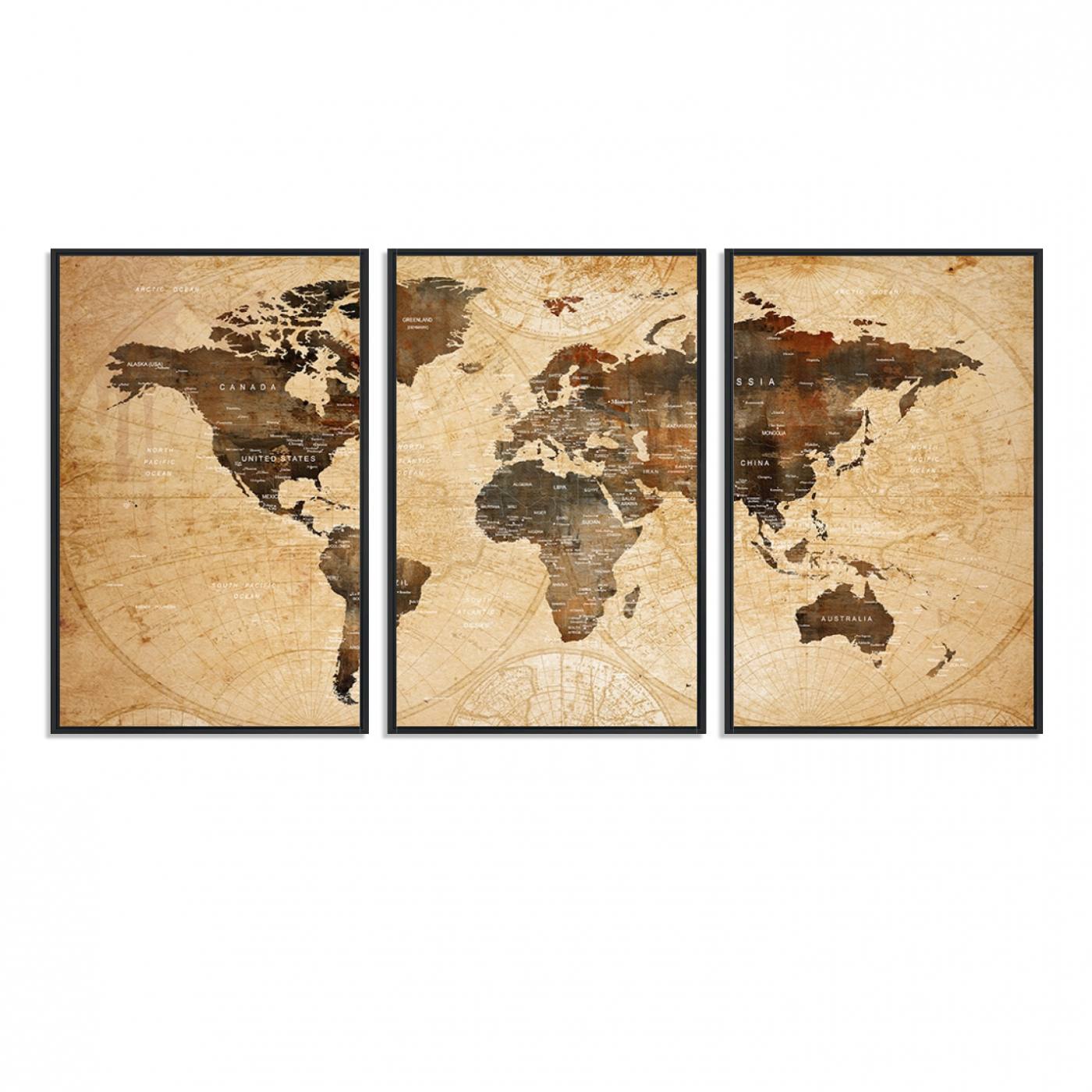 13813-MGV-FC-60X30-3P_Black-Vintage World Map Wall Art | 3 Panel Large Canvas Art | Antique World Map Canvas Print | Rustic Map Wall Art, Framed Gallery Wrapped