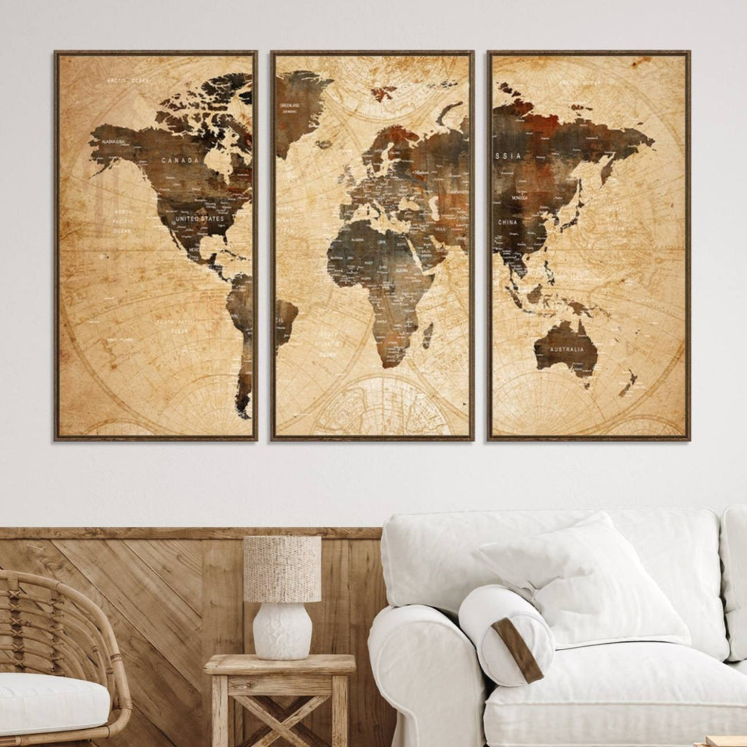 13813-MGV-CV-36X24-Vintage World Map Wall Art | 3 Panel Large Canvas Art | Antique World Map Canvas Print | Rustic Map Wall Art, Framed Gallery Wrapped