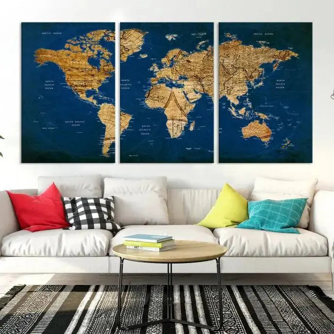 Vintage World Map Wall Art Canvas | 3 Panel Large Antique Style World Map for Home, Office, Study | Nautical Themed World Map, Ready to Hang
