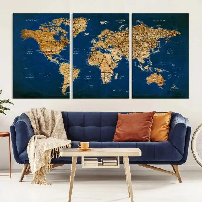 Vintage World Map Wall Art Canvas | 3 Panel Large Antique Style World Map for Home, Office, Study | Nautical Themed World Map, Ready to Hang