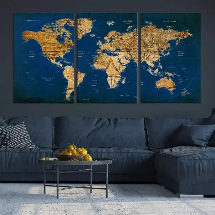 Vintage World Map Wall Art Canvas | 3 Panel Large Antique Style World Map for Home, Office, Study | Nautical Themed World Map, Ready to Hang