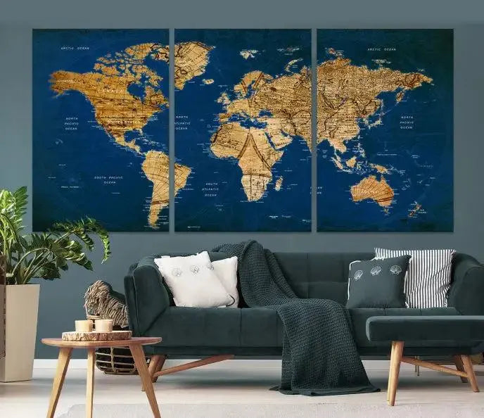 Vintage World Map Wall Art Canvas | 3 Panel Large Antique Style World Map for Home, Office, Study | Nautical Themed World Map, Ready to Hang