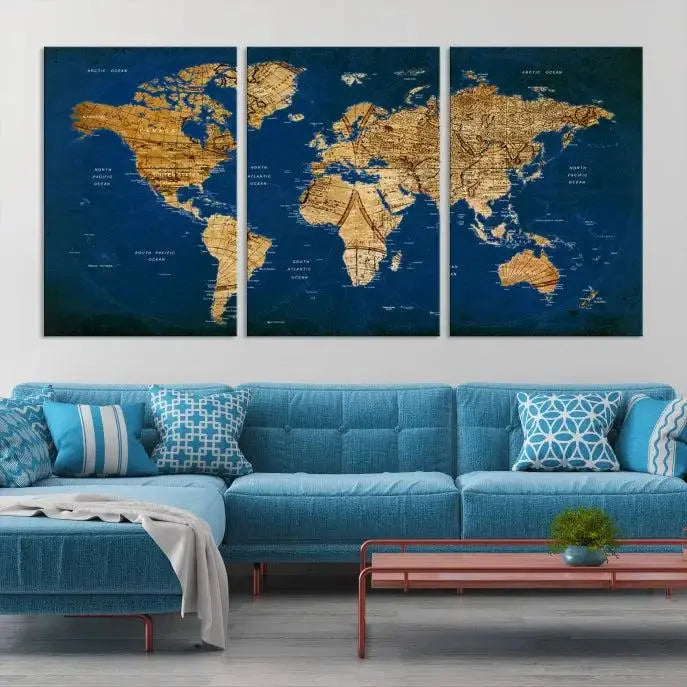 Vintage World Map Wall Art Canvas | 3 Panel Large Antique Style World Map for Home, Office, Study | Nautical Themed World Map, Ready to Hang