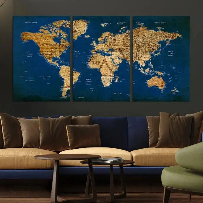 Vintage World Map Wall Art Canvas | 3 Panel Large Antique Style World Map for Home, Office, Study | Nautical Themed World Map, Ready to Hang 