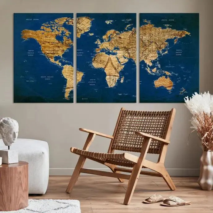 Vintage World Map Wall Art Canvas | 3 Panel Large Antique Style World Map for Home, Office, Study | Nautical Themed World Map, Ready to Hang 