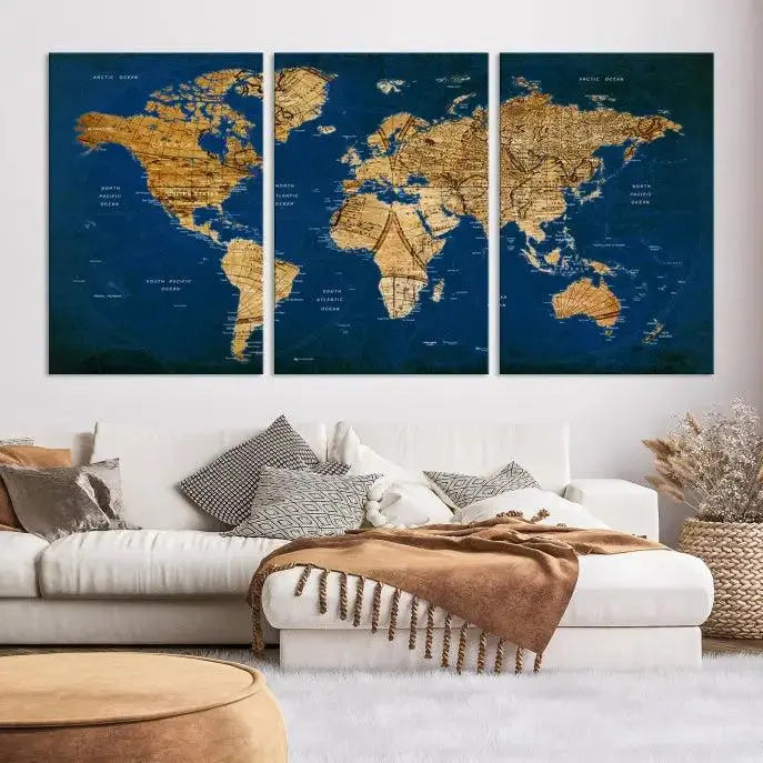 Vintage World Map Wall Art Canvas | 3 Panel Large Antique Style World Map for Home, Office, Study | Nautical Themed World Map, Ready to Hang 