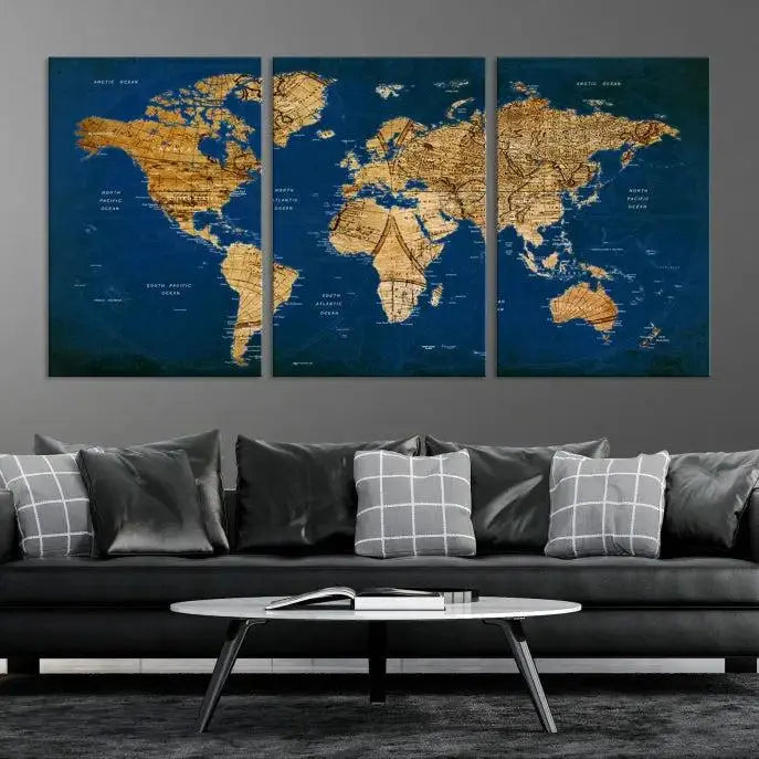 Vintage World Map Wall Art Canvas | 3 Panel Large Antique Style World Map for Home, Office, Study | Nautical Themed World Map, Ready to Hang 
