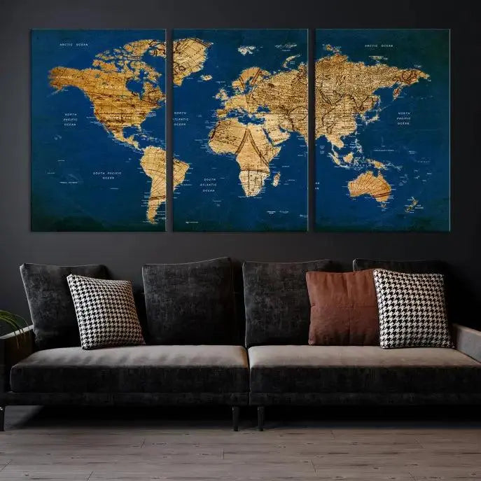 Vintage World Map Wall Art Canvas | 3 Panel Large Antique Style World Map for Home, Office, Study | Nautical Themed World Map, Ready to Hang 