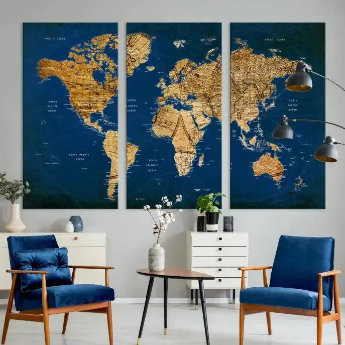 Vintage World Map Wall Art Canvas | 3 Panel Large Antique Style World Map for Home, Office, Study | Nautical Themed World Map, Ready to Hang 