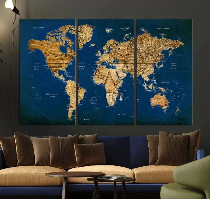 Vintage World Map Wall Art Canvas | 3 Panel Large Antique Style World Map for Home, Office, Study | Nautical Themed World Map, Ready to Hang 