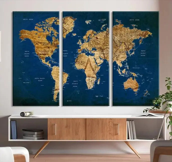 Vintage World Map Wall Art Canvas | 3 Panel Large Antique Style World Map for Home, Office, Study | Nautical Themed World Map, Ready to Hang 
