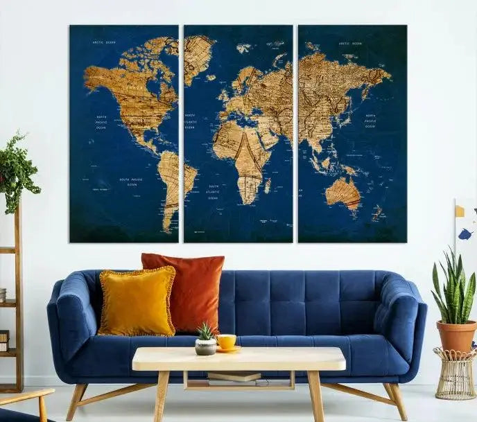 Vintage World Map Wall Art Canvas | 3 Panel Large Antique Style World Map for Home, Office, Study | Nautical Themed World Map, Ready to Hang 
