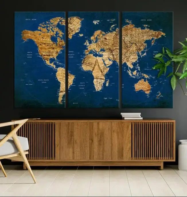 Vintage World Map Wall Art Canvas | 3 Panel Large Antique Style World Map for Home, Office, Study | Nautical Themed World Map, Ready to Hang 