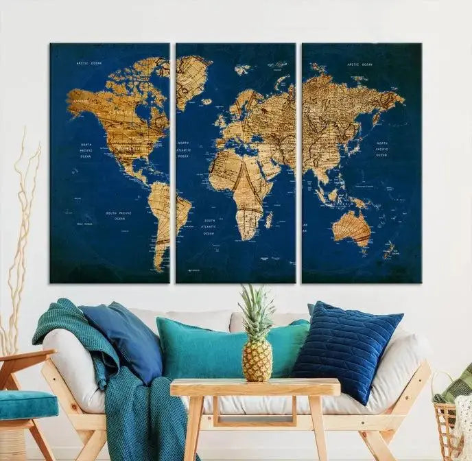 Vintage World Map Wall Art Canvas | 3 Panel Large Antique Style World Map for Home, Office, Study | Nautical Themed World Map, Ready to Hang 