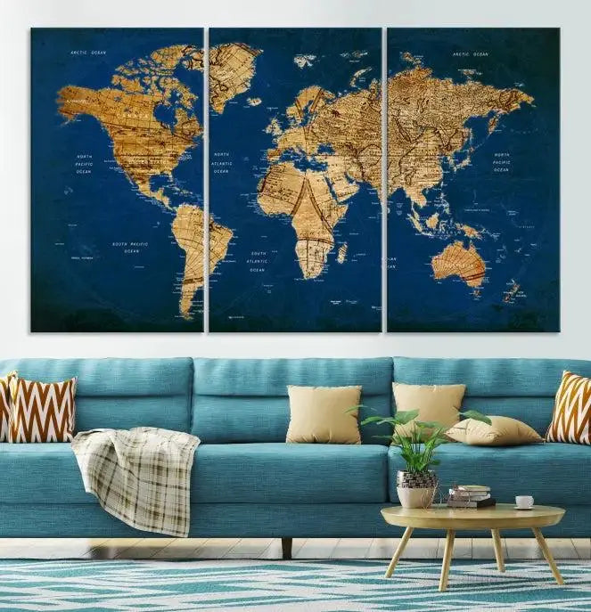 Vintage World Map Wall Art Canvas | 3 Panel Large Antique Style World Map for Home, Office, Study | Nautical Themed World Map, Ready to Hang 