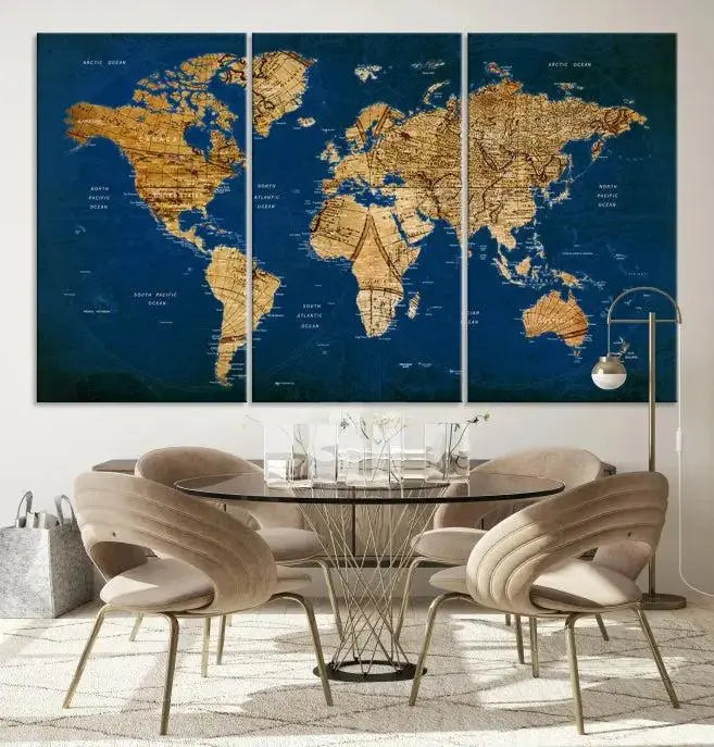 Vintage World Map Wall Art Canvas | 3 Panel Large Antique Style World Map for Home, Office, Study | Nautical Themed World Map, Ready to Hang 