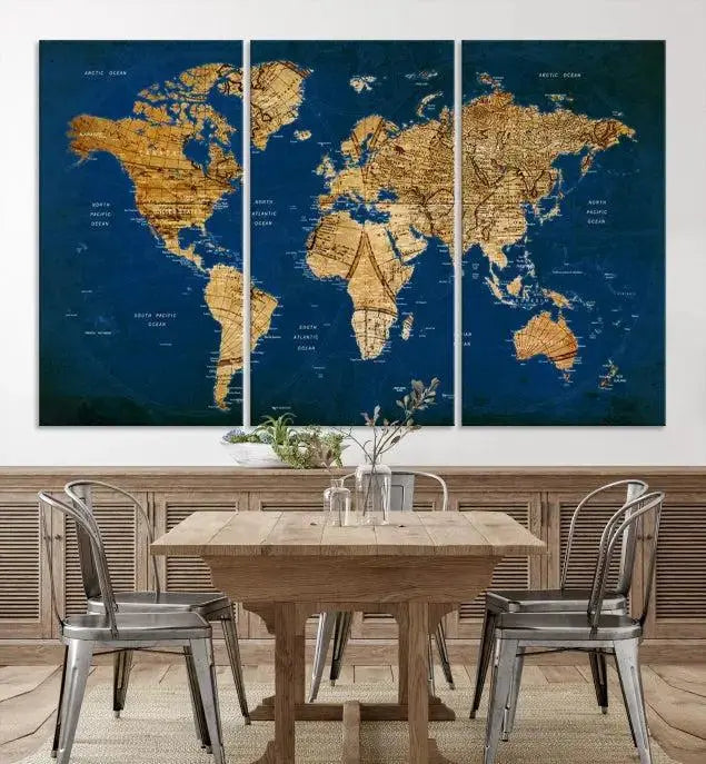 Vintage World Map Wall Art Canvas | 3 Panel Large Antique Style World Map for Home, Office, Study | Nautical Themed World Map, Ready to Hang 