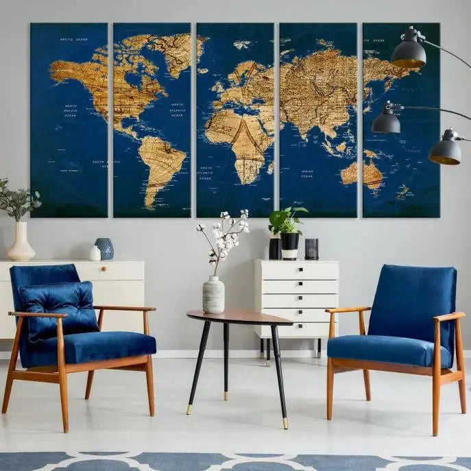 Vintage World Map Wall Art Canvas | 3 Panel Large Antique Style World Map for Home, Office, Study | Nautical Themed World Map, Ready to Hang 