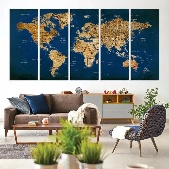 Vintage World Map Wall Art Canvas | 3 Panel Large Antique Style World Map for Home, Office, Study | Nautical Themed World Map, Ready to Hang 