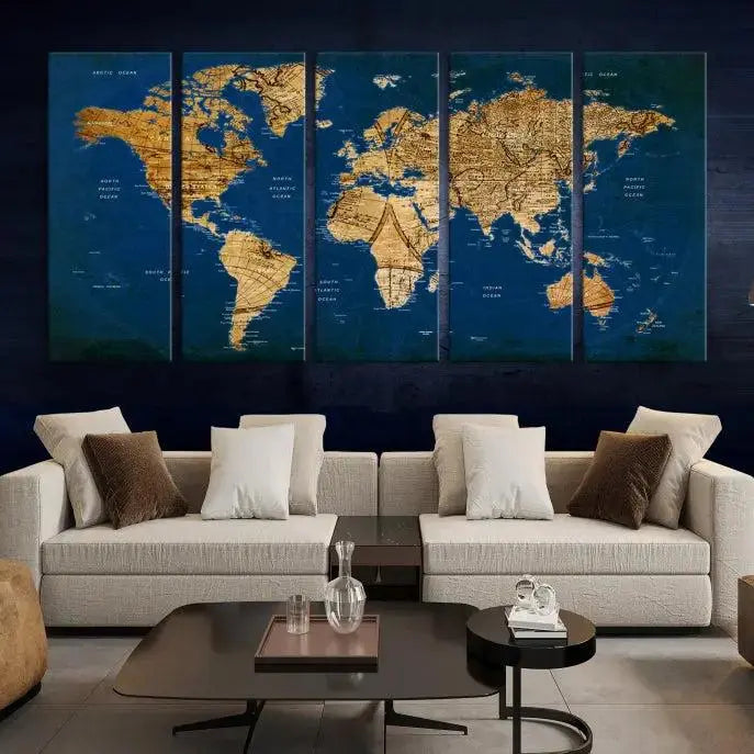 Vintage World Map Wall Art Canvas | 3 Panel Large Antique Style World Map for Home, Office, Study | Nautical Themed World Map, Ready to Hang 