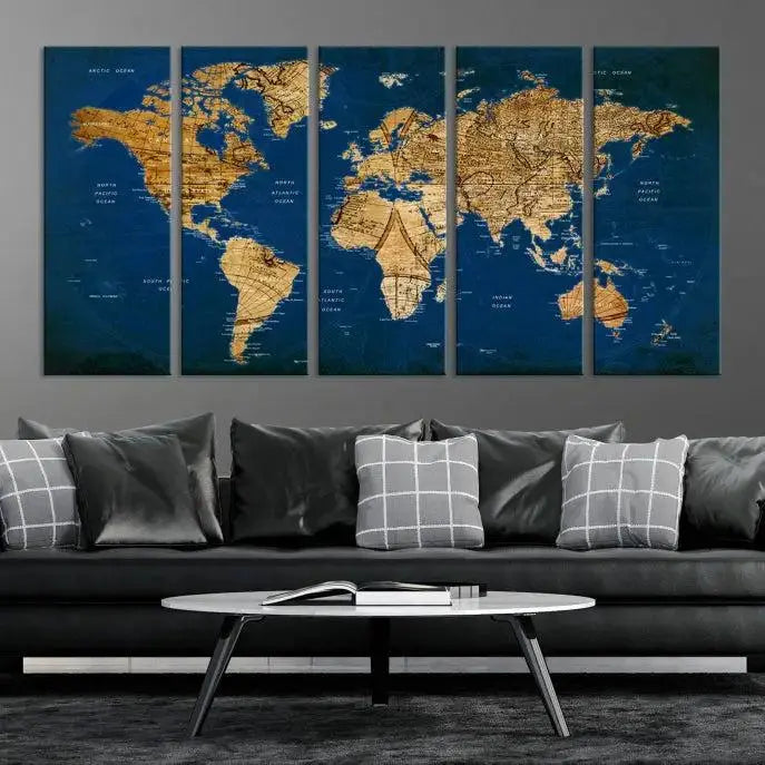 Vintage World Map Wall Art Canvas | 3 Panel Large Antique Style World Map for Home, Office, Study | Nautical Themed World Map, Ready to Hang 