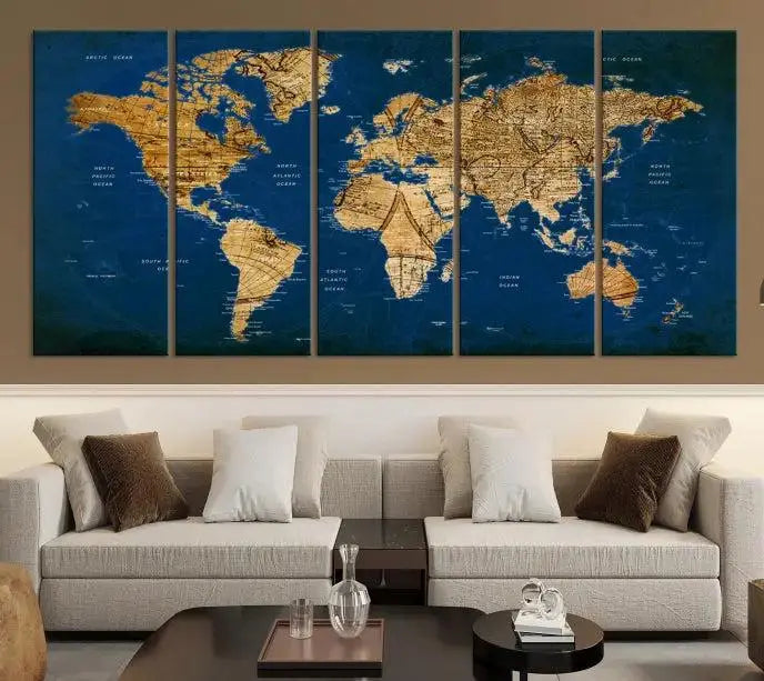 Vintage World Map Wall Art Canvas | 3 Panel Large Antique Style World Map for Home, Office, Study | Nautical Themed World Map, Ready to Hang 