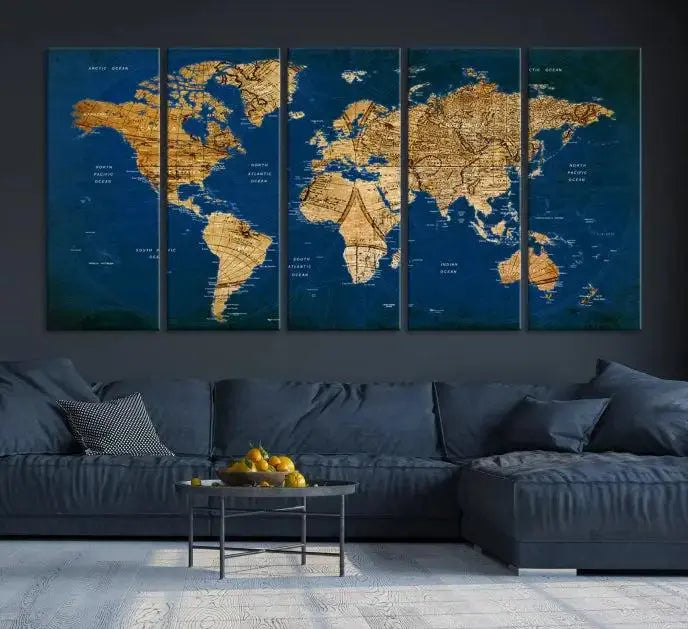Vintage World Map Wall Art Canvas | 3 Panel Large Antique Style World Map for Home, Office, Study | Nautical Themed World Map, Ready to Hang 
