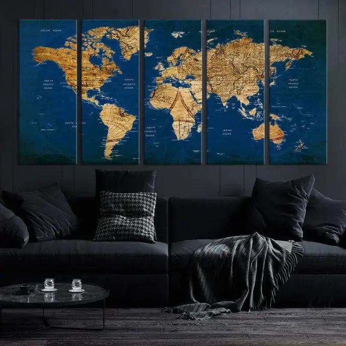 Vintage World Map Wall Art Canvas | 3 Panel Large Antique Style World Map for Home, Office, Study | Nautical Themed World Map, Ready to Hang 