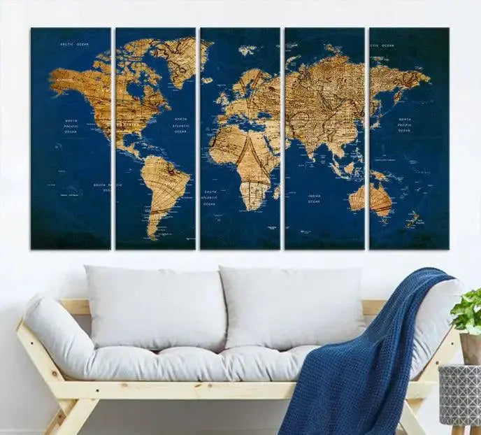 Vintage World Map Wall Art Canvas | 3 Panel Large Antique Style World Map for Home, Office, Study | Nautical Themed World Map, Ready to Hang 