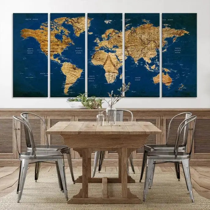 Vintage World Map Wall Art Canvas | 3 Panel Large Antique Style World Map for Home, Office, Study | Nautical Themed World Map, Ready to Hang 