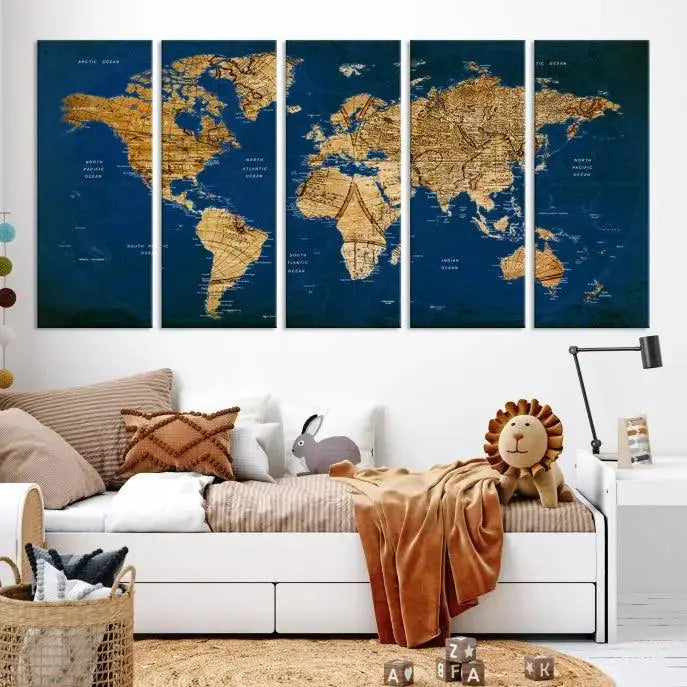 Vintage World Map Wall Art Canvas | 3 Panel Large Antique Style World Map for Home, Office, Study | Nautical Themed World Map, Ready to Hang 