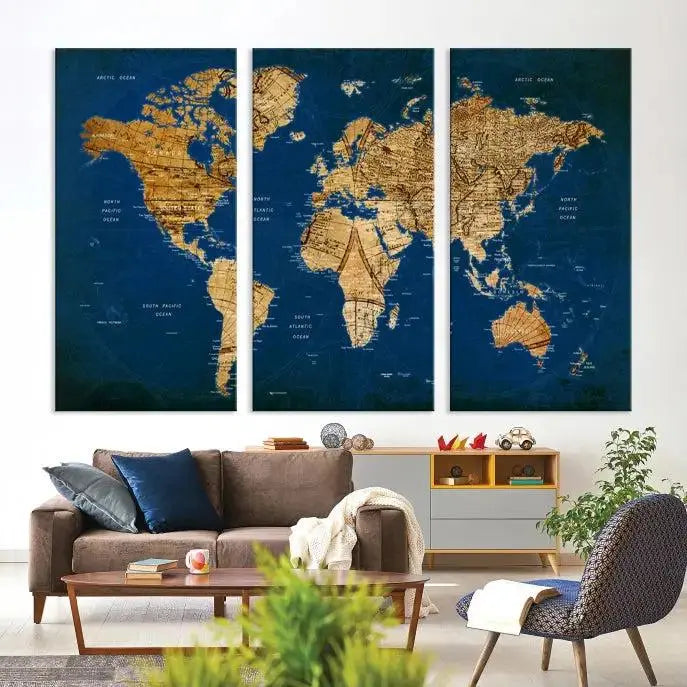 Vintage World Map Wall Art Canvas | 3 Panel Large Antique Style World Map for Home, Office, Study | Nautical Themed World Map, Ready to Hang 
