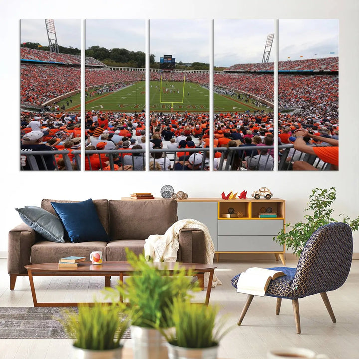 The Virginia Cavaliers Football Team Print— a premium canvas wall art of Charlottesville's Scott Stadium—beautifully enhances the modern living room.