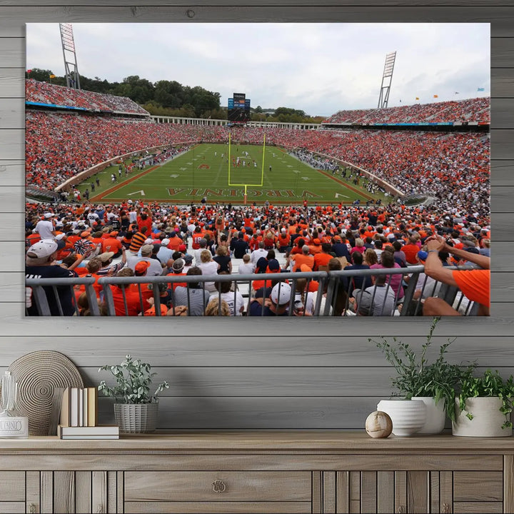 The Virginia Cavaliers Football Team Print— a premium canvas wall art of Charlottesville's Scott Stadium—beautifully enhances the modern living room.