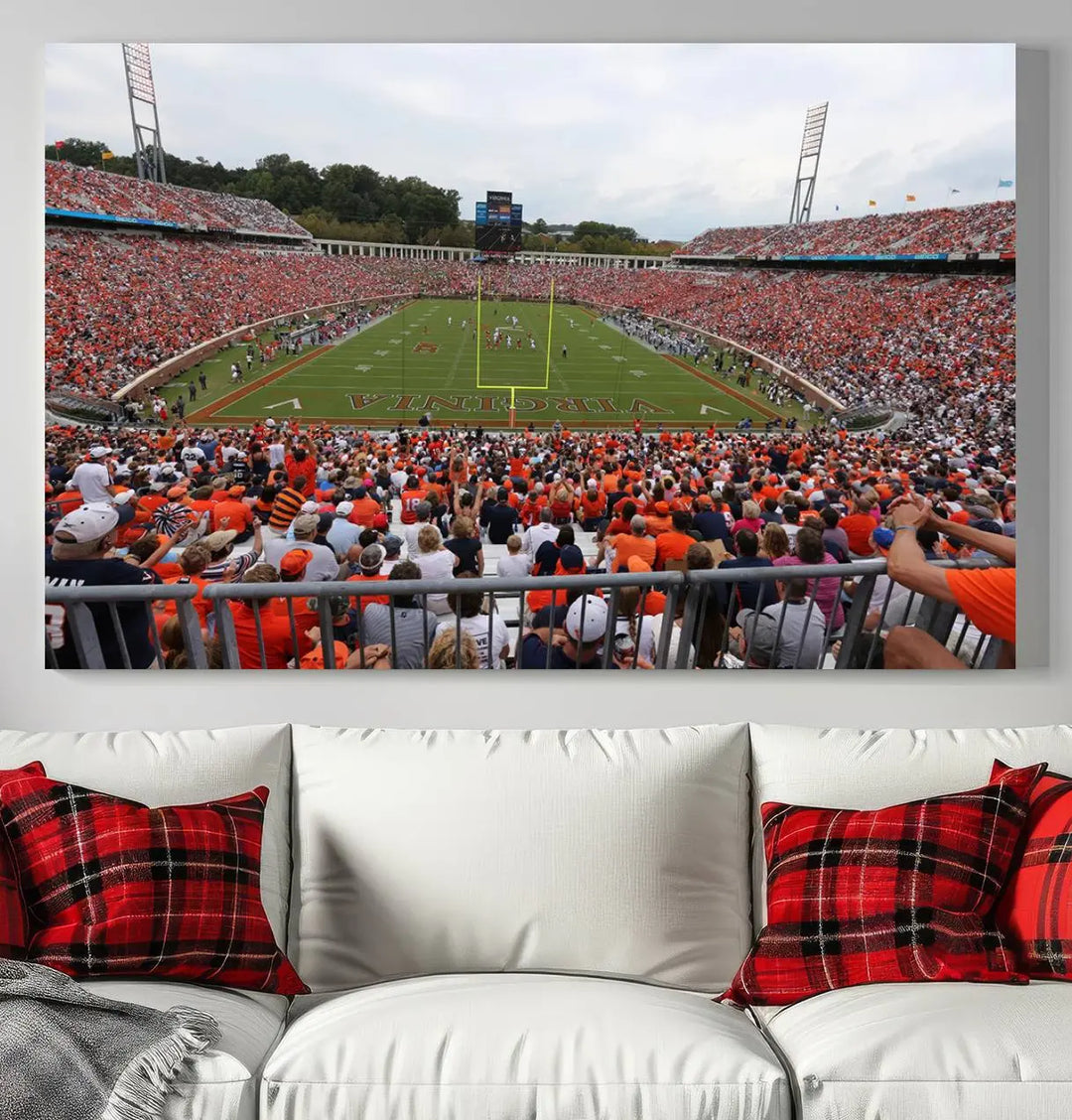 The Virginia Cavaliers Football Team Print— a premium canvas wall art of Charlottesville's Scott Stadium—beautifully enhances the modern living room.