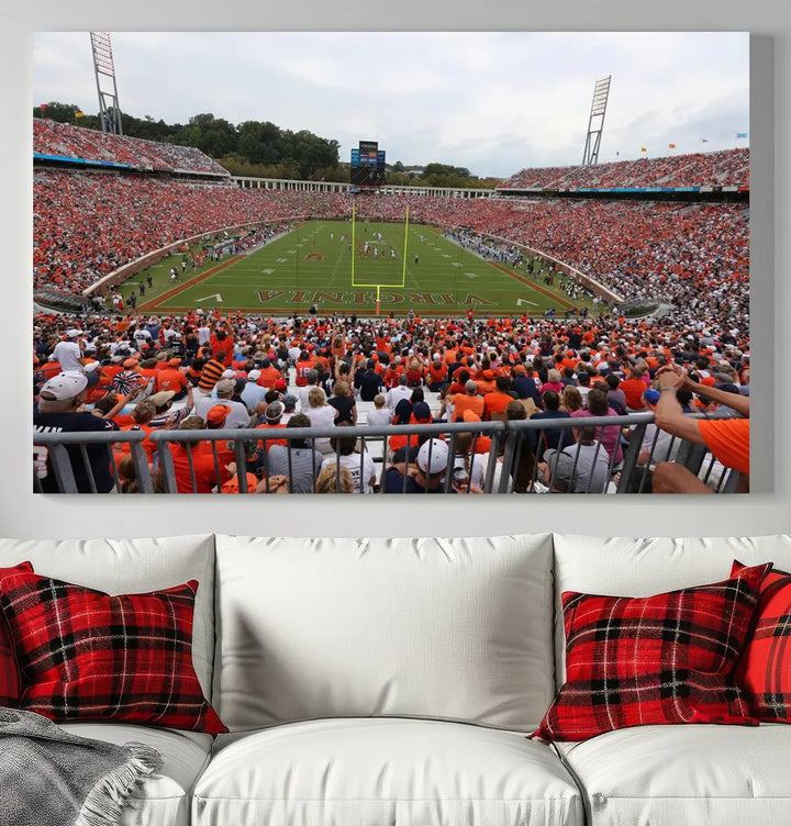 The Virginia Cavaliers Football Team Print— a premium canvas wall art of Charlottesville's Scott Stadium—beautifully enhances the modern living room.