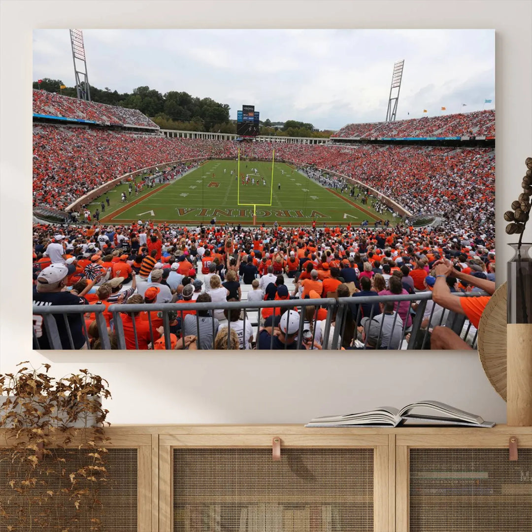 The Virginia Cavaliers Football Team Print— a premium canvas wall art of Charlottesville's Scott Stadium—beautifully enhances the modern living room.