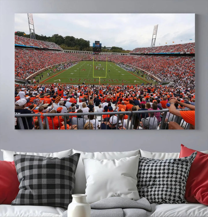 The Virginia Cavaliers Football Team Print— a premium canvas wall art of Charlottesville's Scott Stadium—beautifully enhances the modern living room.